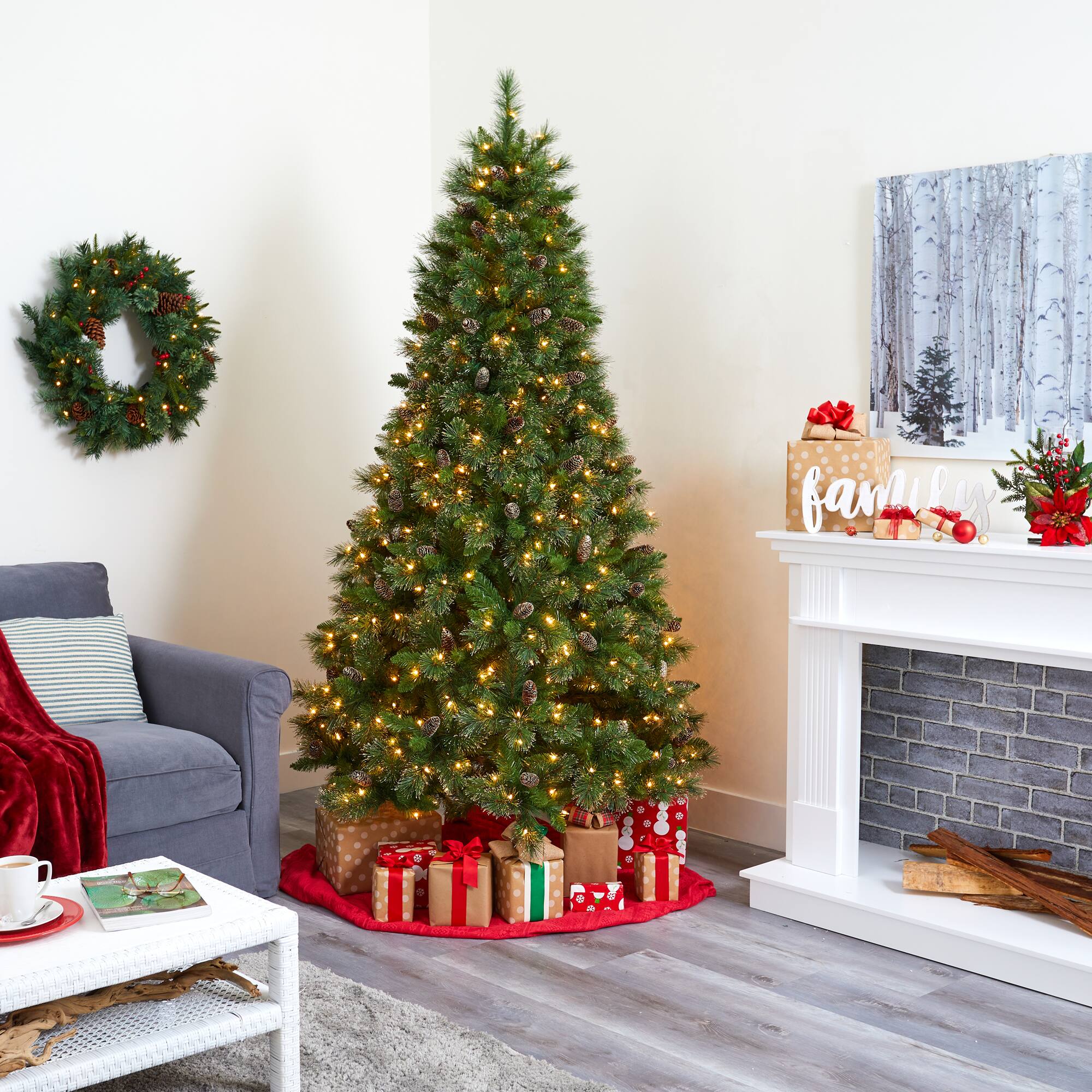 7.5ft. Pre-Lit Golden Tip Washington Pine & Pinecones Artificial Christmas Tree with Clear Lights